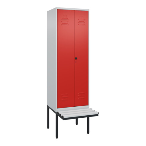 C+P Schwarz-Weiß-Spind Classic PLUS, Bank, 2 Abteile, 2120x600x815mm, 7035/3020, Verschluss Sicherheits-Drehriegel, Sitzbanktyp auskragend, Material Sitzfläche Kunststoff