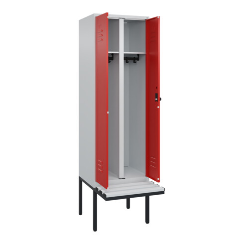C+P Schwarz-Weiß-Spind Classic PLUS, Bank, 2 Abteile, 2120x600x815mm, 7035/3020, Verschluss Sicherheits-Drehriegel, Sitzbanktyp auskragend, Material Sitzfläche Kunststoff