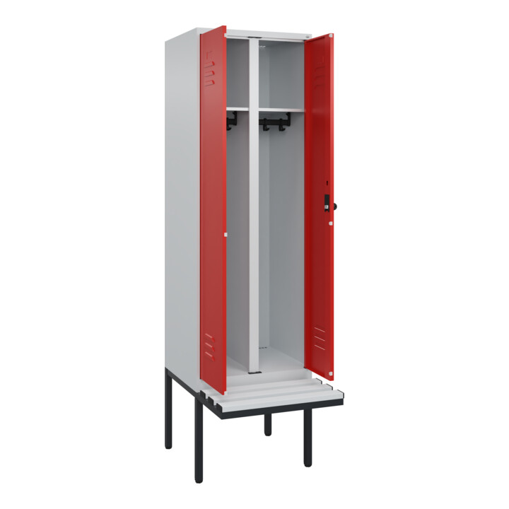 C+P Schwarz-Weiß-Spind Classic PLUS, Bank, 2 Abteile, 2120x600x815mm, 7035/3020, Verschluss Sicherheits-Drehriegel, Sitzbanktyp auskragend, Material Sitzfläche Kunststoff