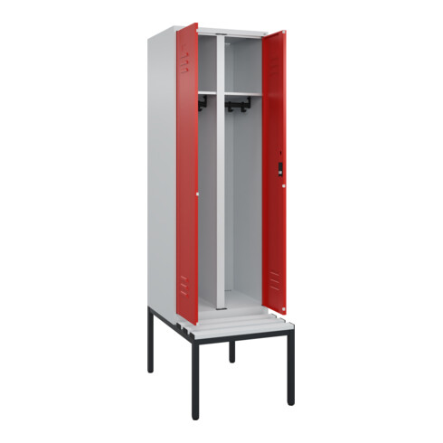 C+P Schwarz-Weiß-Spind Classic PLUS, Bank, 2 Abteile, 2120x600x815mm, 7035/3020, Verschluss Zylinderschloss, Sitzbanktyp untergebaut, Material Sitzfläche Kunststoff