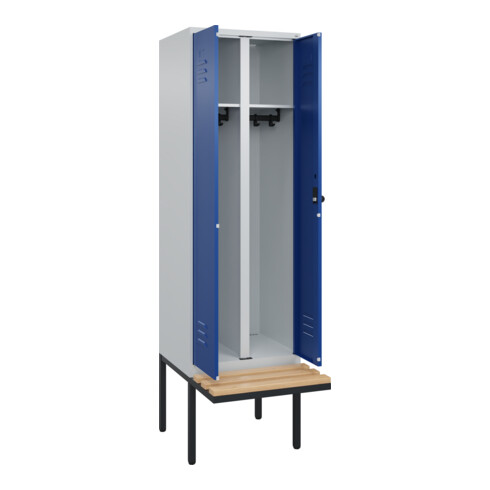 C+P Schwarz-Weiß-Spind Classic PLUS, Bank, 2 Abteile, 2120x600x815mm, 7035/5010, Verschluss Sicherheits-Drehriegel, Sitzbanktyp auskragend, Material Sitzfläche Buche-Hartholz