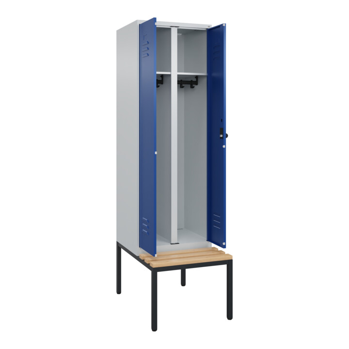 C+P Schwarz-Weiß-Spind Classic PLUS, Bank, 2 Abteile, 2120x600x815mm, 7035/5010, Verschluss Sicherheits-Drehriegel, Sitzbanktyp untergebaut, Material Sitzfläche Buche-Hartholz