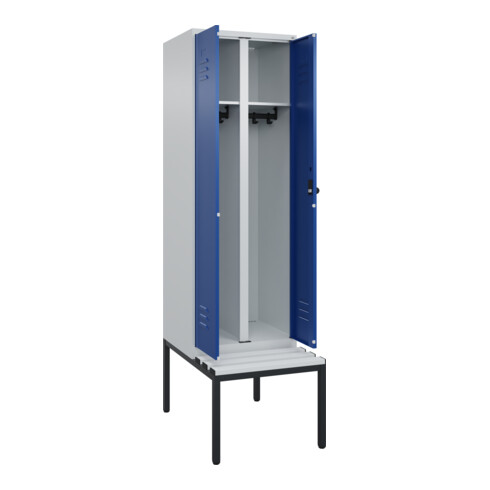 C+P Schwarz-Weiß-Spind Classic PLUS, Bank, 2 Abteile, 2120x600x815mm, 7035/5010, Verschluss Sicherheits-Drehriegel, Sitzbanktyp untergebaut, Material Sitzfläche Kunststoff