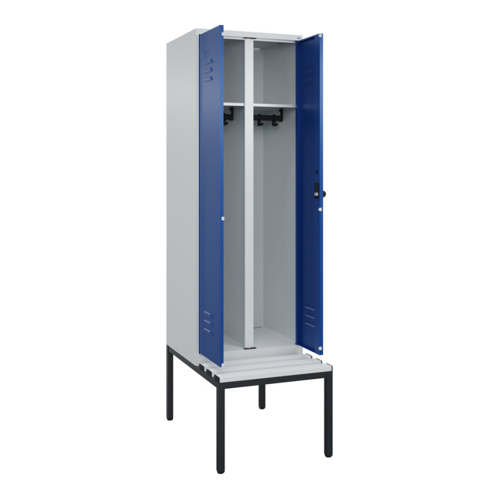 C+P Schwarz-Weiß-Spind Classic PLUS, Bank, 2 Abteile, 2120x600x815mm, 7035/5010, Verschluss Sicherheits-Drehriegel, Sitzbanktyp untergebaut, Material Sitzfläche Kunststoff