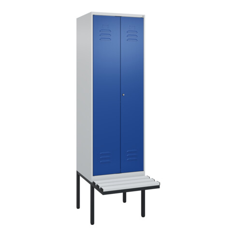 C+P Schwarz-Weiß-Spind Classic PLUS, Bank, 2 Abteile, 2120x600x815mm, 7035/5010, Verschluss Zylinderschloss, Sitzbanktyp auskragend, Material Sitzfläche Kunststoff