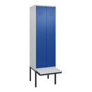 C+P Schwarz-Weiß-Spind Classic PLUS, Bank, 2 Abteile, 2120x600x815mm, 7035/5010, Verschluss Zylinderschloss, Sitzbanktyp auskragend, Material Sitzfläche Kunststoff