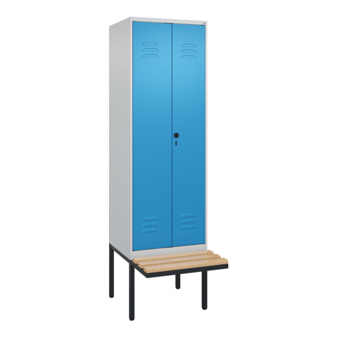 C+P Schwarz-Weiß-Spind Classic PLUS, Bank, 2 Abteile, 2120x600x815mm, 7035/5012, Verschluss Sicherheits-Drehriegel, Sitzbanktyp auskragend, Material Sitzfläche Buche-Hartholz