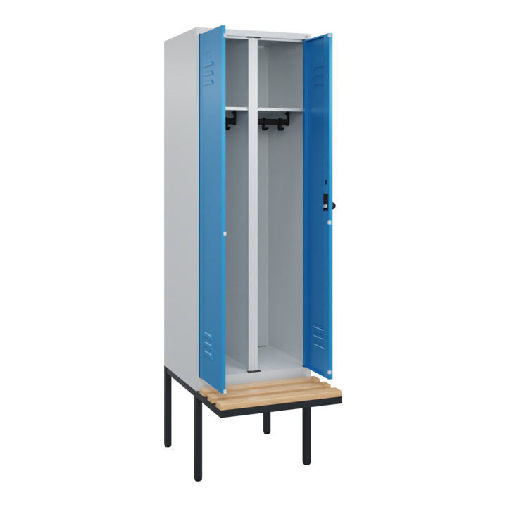 C+P Schwarz-Weiß-Spind Classic PLUS, Bank, 2 Abteile, 2120x600x815mm, 7035/5012, Verschluss Sicherheits-Drehriegel, Sitzbanktyp auskragend, Material Sitzfläche Buche-Hartholz