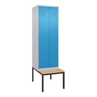 C+P Schwarz-Weiß-Spind Classic PLUS, Bank, 2 Abteile, 2120x600x815mm, 7035/5012, Verschluss Zylinderschloss, Sitzbanktyp untergebaut, Material Sitzfläche Buche-Hartholz