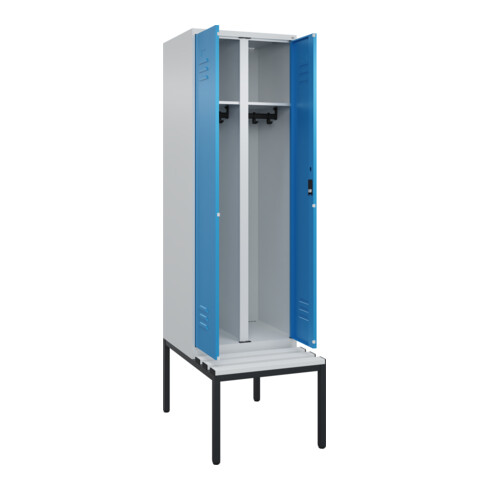 C+P Schwarz-Weiß-Spind Classic PLUS, Bank, 2 Abteile, 2120x600x815mm, 7035/5012, Verschluss Zylinderschloss, Sitzbanktyp untergebaut, Material Sitzfläche Kunststoff