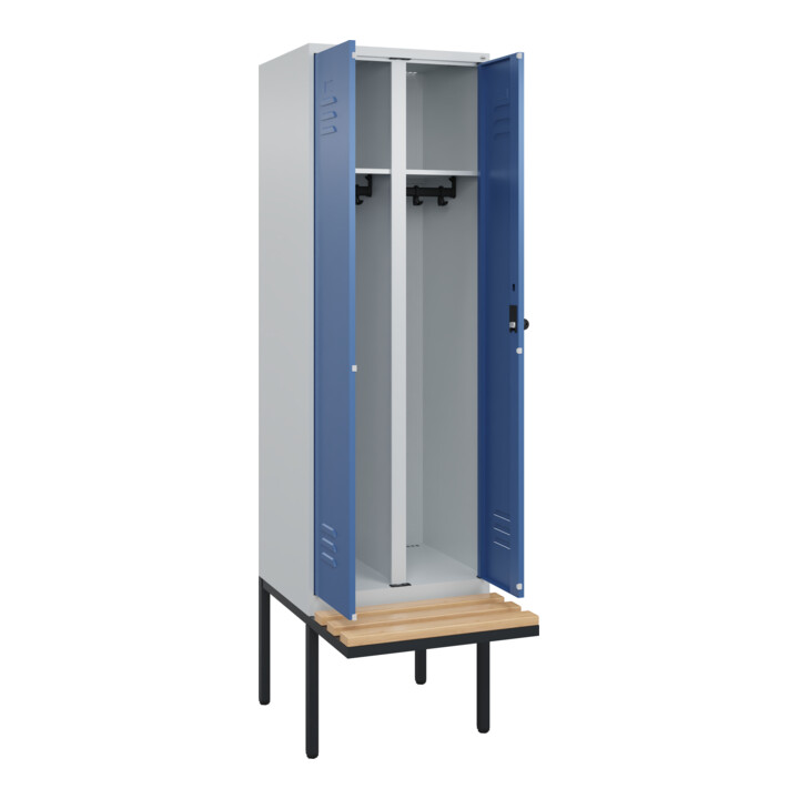 C+P Schwarz-Weiß-Spind Classic PLUS, Bank, 2 Abteile, 2120x600x815mm, 7035/5023, Verschluss Sicherheits-Drehriegel, Sitzbanktyp auskragend, Material Sitzfläche Buche-Hartholz