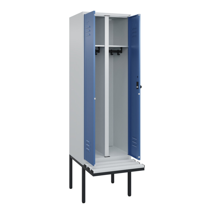 C+P Schwarz-Weiß-Spind Classic PLUS, Bank, 2 Abteile, 2120x600x815mm, 7035/5023, Verschluss Sicherheits-Drehriegel, Sitzbanktyp auskragend, Material Sitzfläche Kunststoff