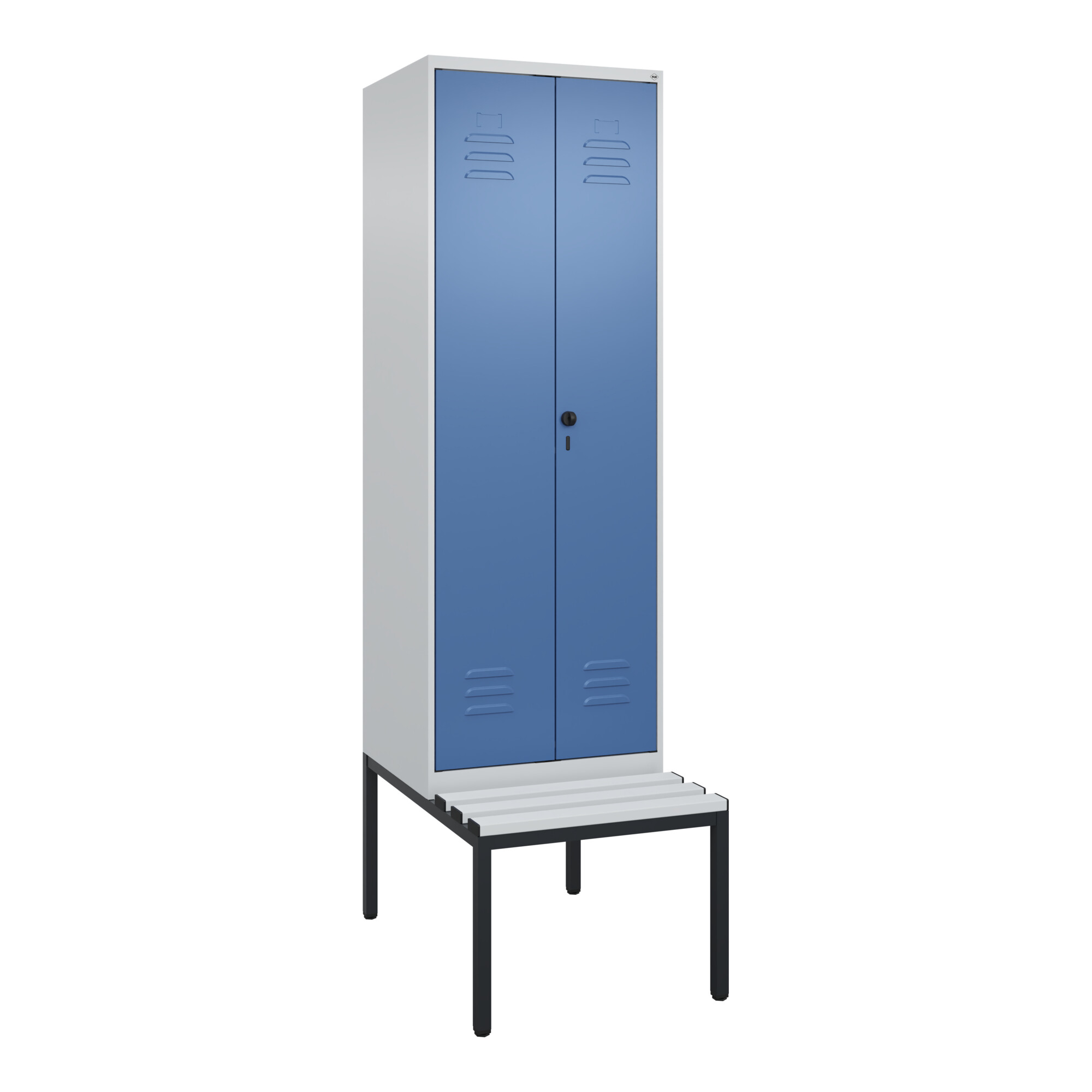 C+P Schwarz-Weiß-Spind Classic PLUS, Bank, 2 Abteile, 2120x600x815mm, 7035/5023, Verschluss Sicherheits-Drehriegel, Sitzbanktyp untergebaut, Material