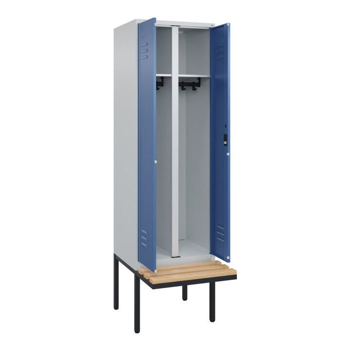 C+P Schwarz-Weiß-Spind Classic PLUS, Bank, 2 Abteile, 2120x600x815mm, 7035/5023, Verschluss Zylinderschloss, Sitzbanktyp auskragend, Material Sitzfläche Buche-Hartholz