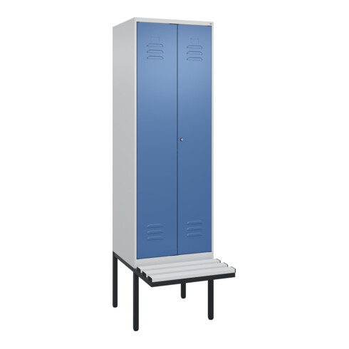 C+P Schwarz-Weiß-Spind Classic PLUS, Bank, 2 Abteile, 2120x600x815mm, 7035/5023, Verschluss Zylinderschloss, Sitzbanktyp auskragend, Material Sitzfläche Kunststoff