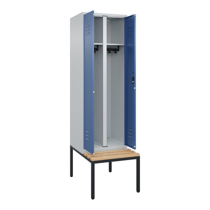 C+P Schwarz-Weiß-Spind Classic PLUS, Bank, 2 Abteile, 2120x600x815mm, 7035/5023, Verschluss Zylinderschloss, Sitzbanktyp untergebaut, Material Sitzfläche Buche-Hartholz