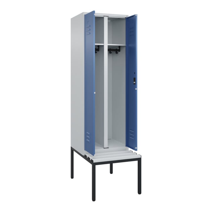 C+P Schwarz-Weiß-Spind Classic PLUS, Bank, 2 Abteile, 2120x600x815mm, 7035/5023, Verschluss Zylinderschloss, Sitzbanktyp untergebaut, Material Sitzfläche Kunststoff