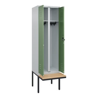 C+P Schwarz-Weiß-Spind Classic PLUS, Bank, 2 Abteile, 2120x600x815mm, 7035/6011, Verschluss Sicherheits-Drehriegel, Sitzbanktyp auskragend, Material Sitzfläche Buche-Hartholz