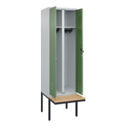 C+P Schwarz-Weiß-Spind Classic PLUS, Bank, 2 Abteile, 2120x600x815mm, 7035/6011, Verschluss Sicherheits-Drehriegel, Sitzbanktyp auskragend, Material Sitzfläche Buche-Hartholz