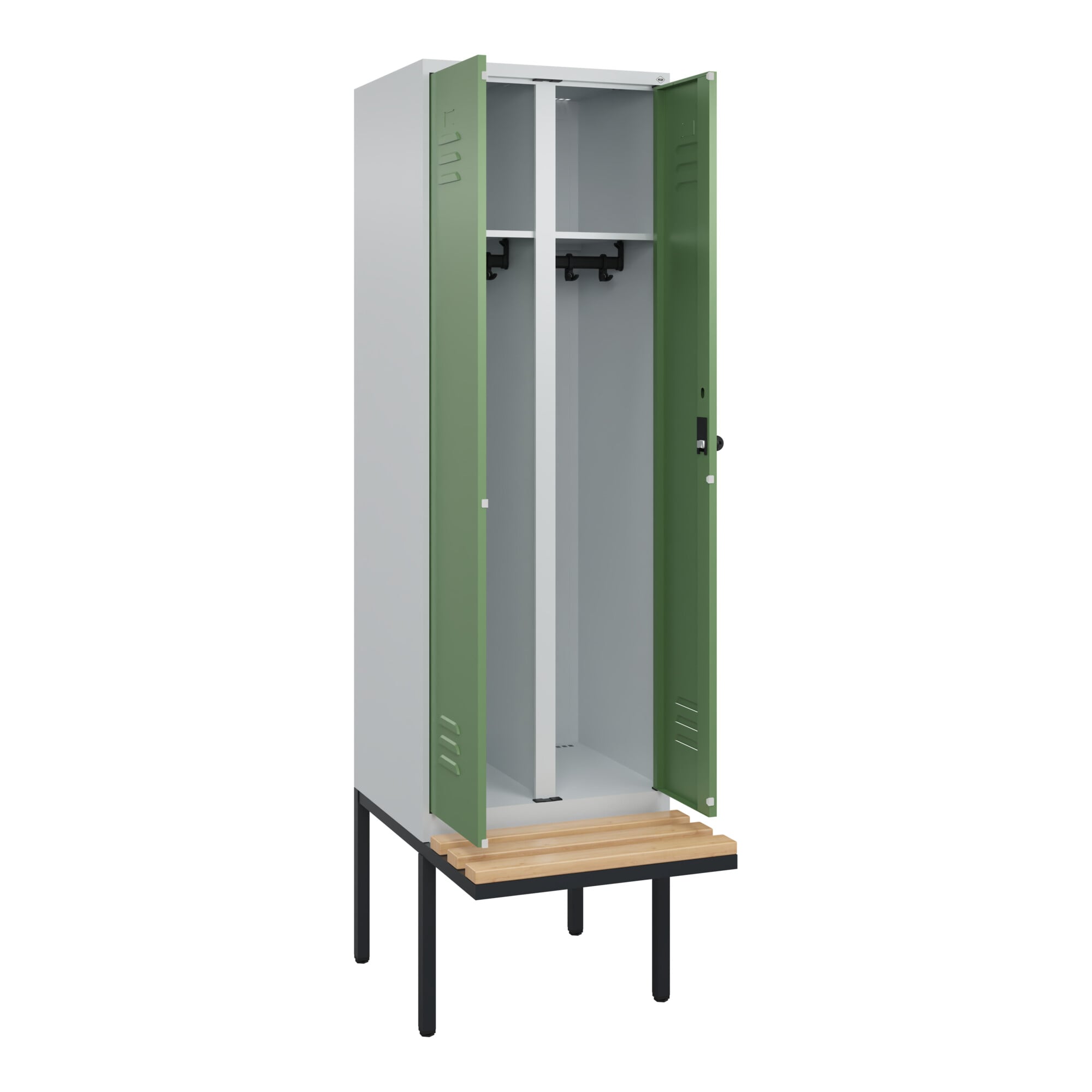 C+P Schwarz-Weiß-Spind Classic PLUS, Bank, 2 Abteile, 2120x600x815mm, 7035/6011, Verschluss Sicherheits-Drehriegel, Sitzbanktyp auskragend, Material S