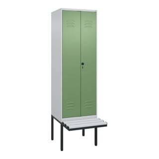 C+P Schwarz-Weiß-Spind Classic PLUS, Bank, 2 Abteile, 2120x600x815mm, 7035/6011, Verschluss Sicherheits-Drehriegel, Sitzbanktyp auskragend, Material Sitzfläche Kunststoff
