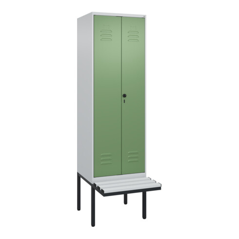 C+P Schwarz-Weiß-Spind Classic PLUS, Bank, 2 Abteile, 2120x600x815mm, 7035/6011, Verschluss Sicherheits-Drehriegel, Sitzbanktyp auskragend, Material Sitzfläche Kunststoff