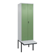 C+P Schwarz-Weiß-Spind Classic PLUS, Bank, 2 Abteile, 2120x600x815mm, 7035/6011, Verschluss Sicherheits-Drehriegel, Sitzbanktyp auskragend, Material Sitzfläche Kunststoff