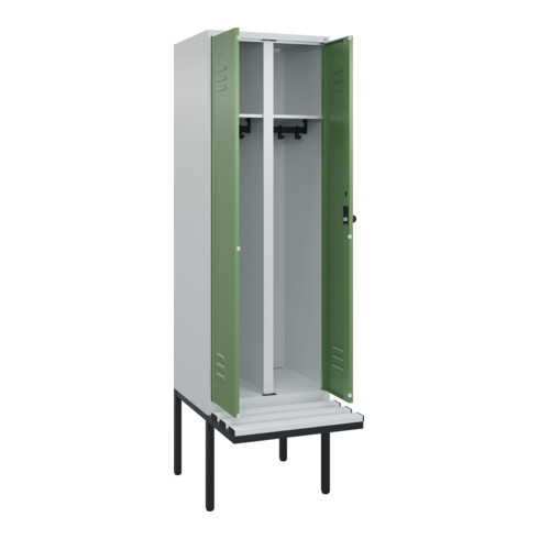 C+P Schwarz-Weiß-Spind Classic PLUS, Bank, 2 Abteile, 2120x600x815mm, 7035/6011, Verschluss Sicherheits-Drehriegel, Sitzbanktyp auskragend, Material Sitzfläche Kunststoff