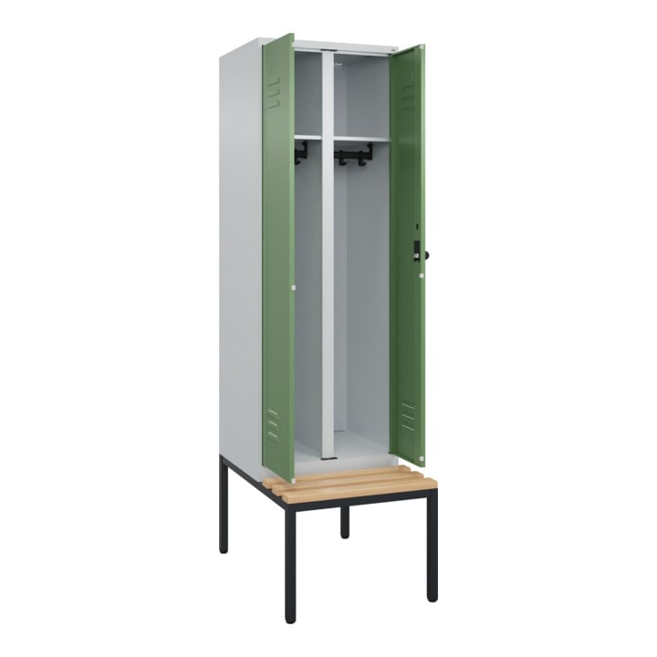 C+P Schwarz-Weiß-Spind Classic PLUS, Bank, 2 Abteile, 2120x600x815mm, 7035/6011, Verschluss Sicherheits-Drehriegel, Sitzbanktyp untergebaut, Material Sitzfläche Buche-Hartholz