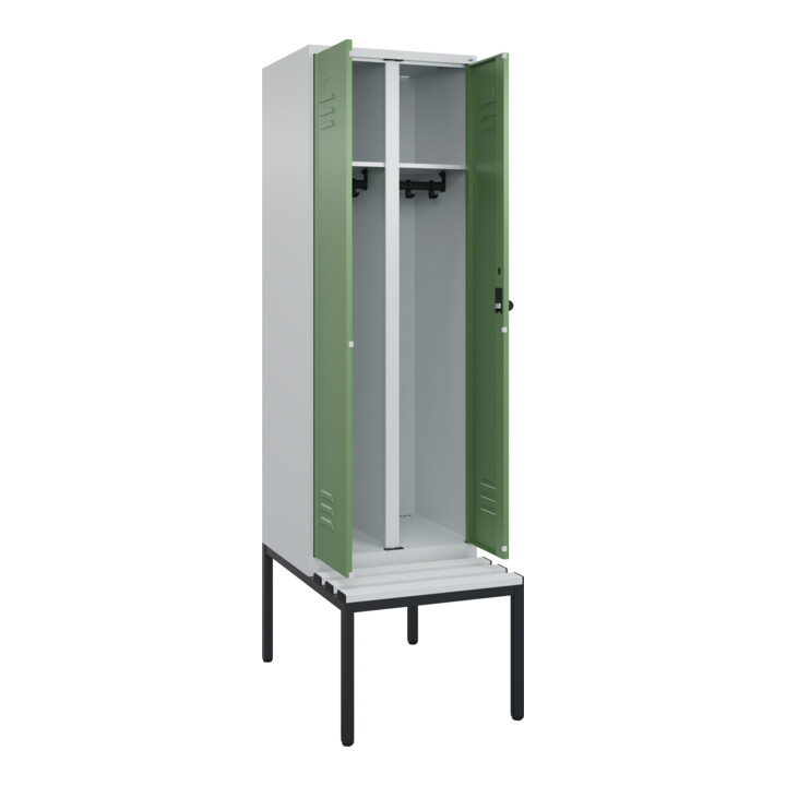 C+P Schwarz-Weiß-Spind Classic PLUS, Bank, 2 Abteile, 2120x600x815mm, 7035/6011, Verschluss Sicherheits-Drehriegel, Sitzbanktyp untergebaut, Material Sitzfläche Kunststoff