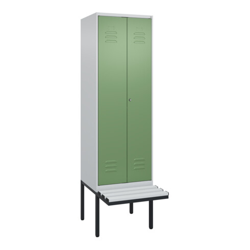 C+P Schwarz-Weiß-Spind Classic PLUS, Bank, 2 Abteile, 2120x600x815mm, 7035/6011, Verschluss Zylinderschloss, Sitzbanktyp auskragend, Material Sitzfläche Kunststoff