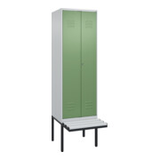 C+P Schwarz-Weiß-Spind Classic PLUS, Bank, 2 Abteile, 2120x600x815mm, 7035/6011, Verschluss Zylinderschloss, Sitzbanktyp auskragend, Material Sitzfläche Kunststoff