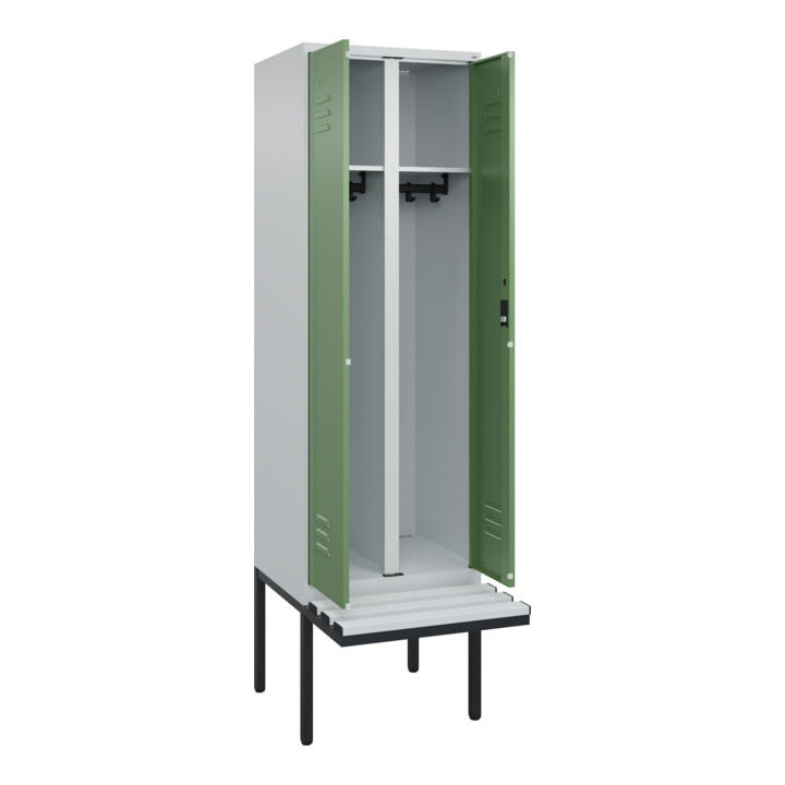 C+P Schwarz-Weiß-Spind Classic PLUS, Bank, 2 Abteile, 2120x600x815mm, 7035/6011, Verschluss Zylinderschloss, Sitzbanktyp auskragend, Material Sitzfläche Kunststoff