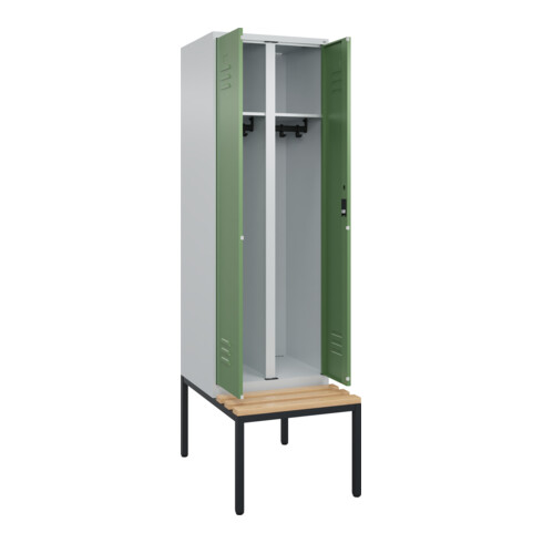 C+P Schwarz-Weiß-Spind Classic PLUS, Bank, 2 Abteile, 2120x600x815mm, 7035/6011, Verschluss Zylinderschloss, Sitzbanktyp untergebaut, Material Sitzfläche Buche-Hartholz