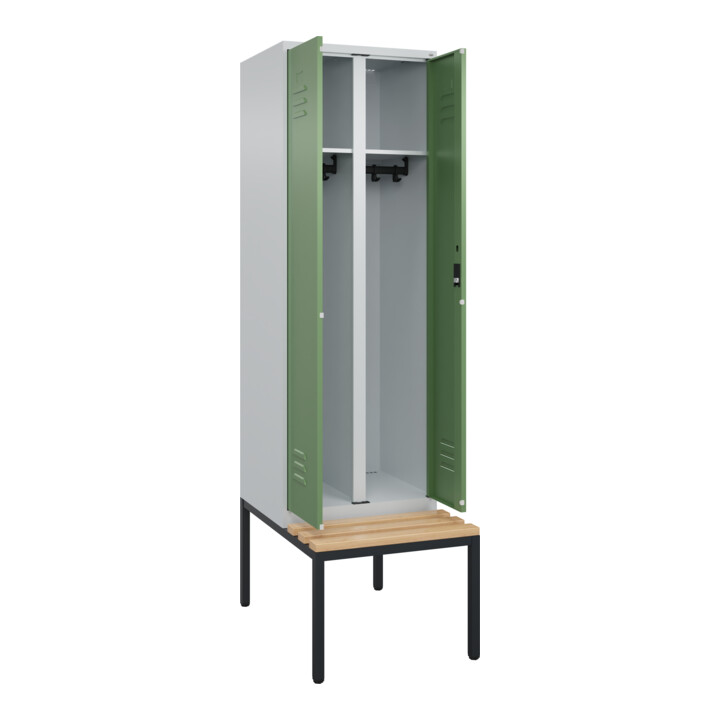 C+P Schwarz-Weiß-Spind Classic PLUS, Bank, 2 Abteile, 2120x600x815mm, 7035/6011, Verschluss Zylinderschloss, Sitzbanktyp untergebaut, Material Sitzfläche Buche-Hartholz