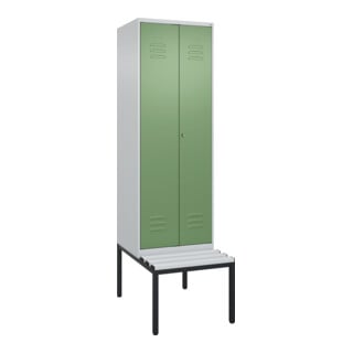 C+P Schwarz-Weiß-Spind Classic PLUS, Bank, 2 Abteile, 2120x600x815mm, 7035/6011, Verschluss Zylinderschloss, Sitzbanktyp untergebaut, Material Sitzfläche Kunststoff