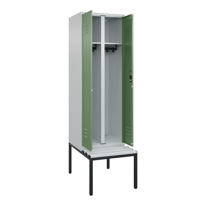 C+P Schwarz-Weiß-Spind Classic PLUS, Bank, 2 Abteile, 2120x600x815mm, 7035/6011, Verschluss Zylinderschloss, Sitzbanktyp untergebaut, Material Sitzfläche Kunststoff
