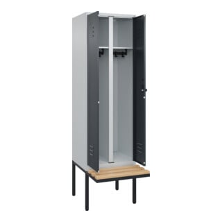 C+P Schwarz-Weiß-Spind Classic PLUS, Bank, 2 Abteile, 2120x600x815mm, 7035/7016, Verschluss Sicherheits-Drehriegel, Sitzbanktyp auskragend, Material Sitzfläche Buche-Hartholz