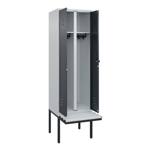 C+P Schwarz-Weiß-Spind Classic PLUS, Bank, 2 Abteile, 2120x600x815mm, 7035/7016, Verschluss Sicherheits-Drehriegel, Sitzbanktyp auskragend, Material Sitzfläche Kunststoff