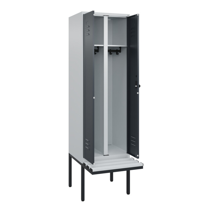 C+P Schwarz-Weiß-Spind Classic PLUS, Bank, 2 Abteile, 2120x600x815mm, 7035/7016, Verschluss Sicherheits-Drehriegel, Sitzbanktyp auskragend, Material Sitzfläche Kunststoff