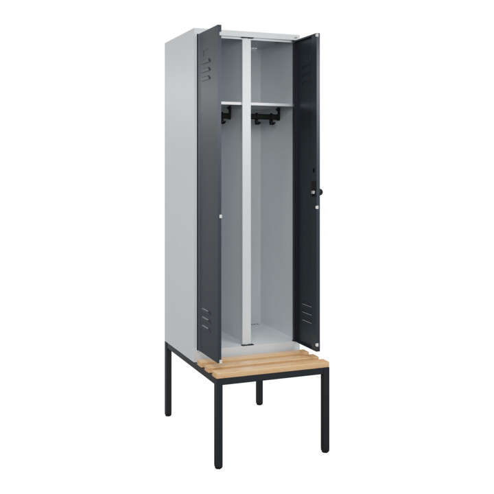 C+P Schwarz-Weiß-Spind Classic PLUS, Bank, 2 Abteile, 2120x600x815mm, 7035/7016, Verschluss Sicherheits-Drehriegel, Sitzbanktyp untergebaut, Material Sitzfläche Buche-Hartholz