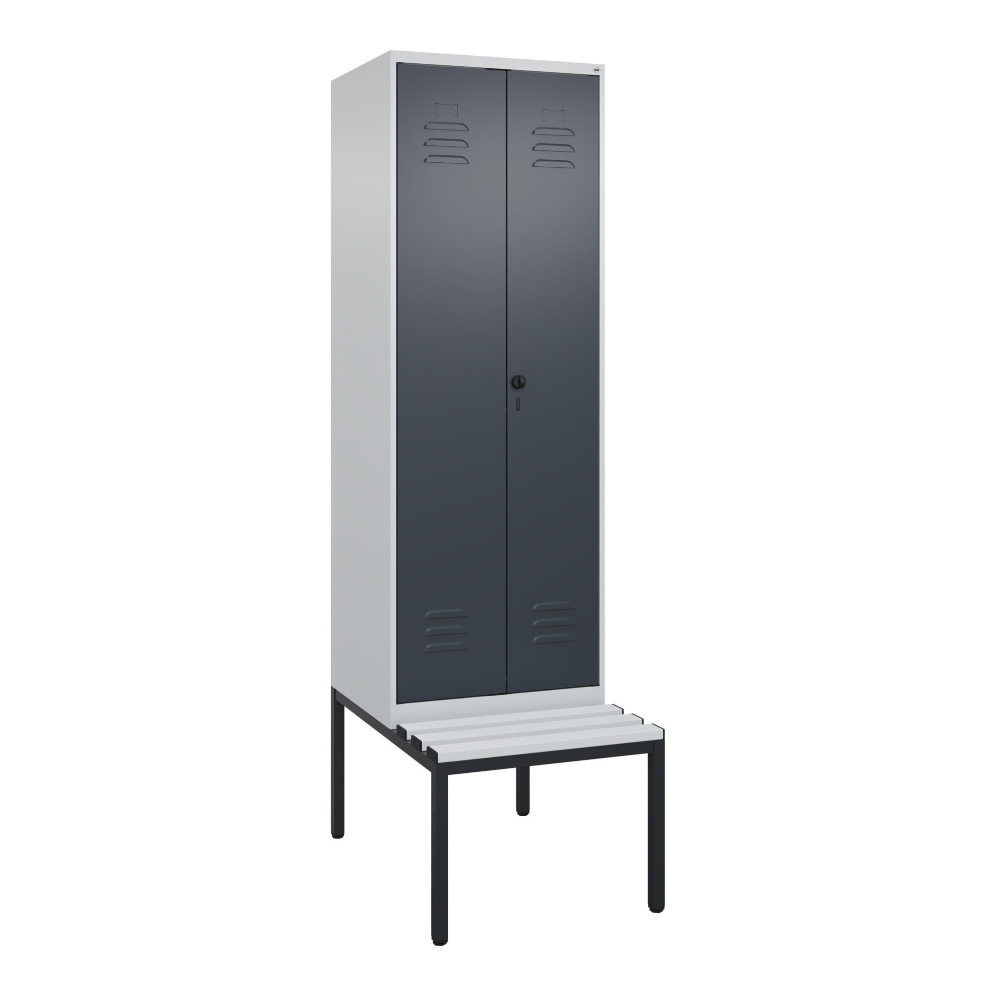 C+P Schwarz-Weiß-Spind Classic PLUS, Bank, 2 Abteile, 2120x600x815mm, 7035/7016, Verschluss Sicherheits-Drehriegel, Sitzbanktyp untergebaut, Material