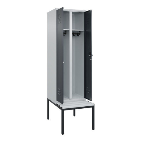 C+P Schwarz-Weiß-Spind Classic PLUS, Bank, 2 Abteile, 2120x600x815mm, 7035/7016, Verschluss Sicherheits-Drehriegel, Sitzbanktyp untergebaut, Material Sitzfläche Kunststoff