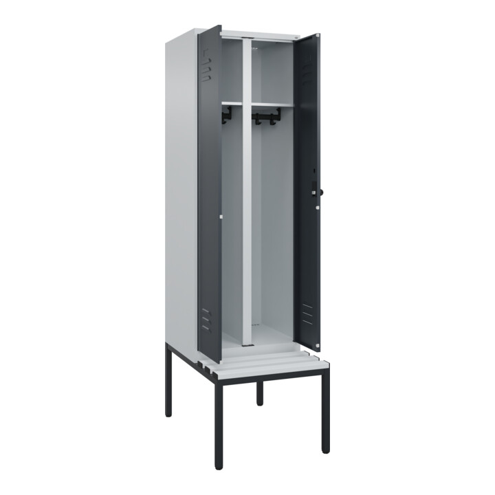 C+P Schwarz-Weiß-Spind Classic PLUS, Bank, 2 Abteile, 2120x600x815mm, 7035/7016, Verschluss Sicherheits-Drehriegel, Sitzbanktyp untergebaut, Material Sitzfläche Kunststoff