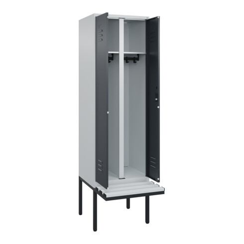 C+P Schwarz-Weiß-Spind Classic PLUS, Bank, 2 Abteile, 2120x600x815mm, 7035/7016, Verschluss Zylinderschloss, Sitzbanktyp auskragend, Material Sitzfläche Kunststoff