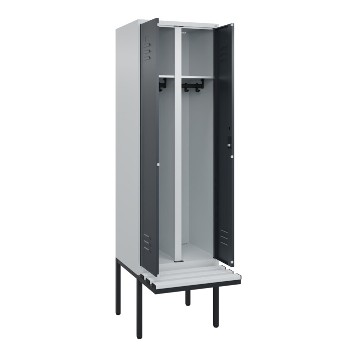C+P Schwarz-Weiß-Spind Classic PLUS, Bank, 2 Abteile, 2120x600x815mm, 7035/7016, Verschluss Zylinderschloss, Sitzbanktyp auskragend, Material Sitzfläche Kunststoff