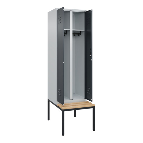 C+P Schwarz-Weiß-Spind Classic PLUS, Bank, 2 Abteile, 2120x600x815mm, 7035/7016, Verschluss Zylinderschloss, Sitzbanktyp untergebaut, Material Sitzfläche Buche-Hartholz