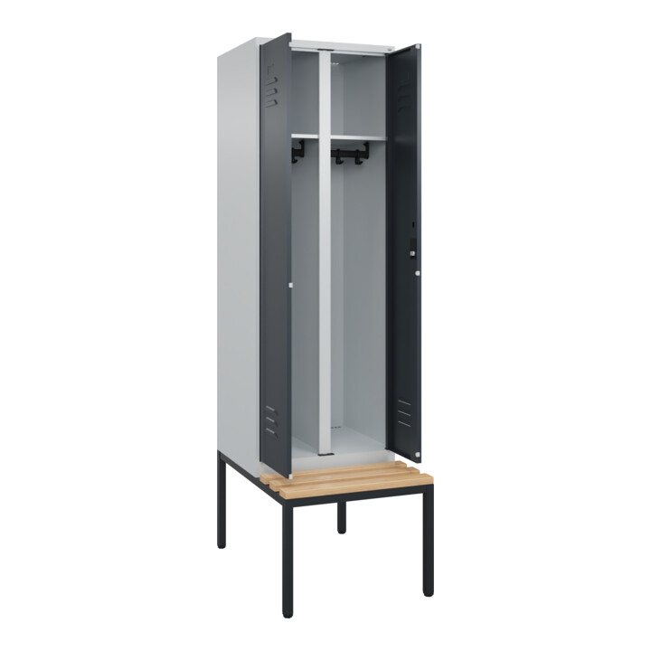 C+P Schwarz-Weiß-Spind Classic PLUS, Bank, 2 Abteile, 2120x600x815mm, 7035/7016, Verschluss Zylinderschloss, Sitzbanktyp untergebaut, Material Sitzfläche Buche-Hartholz
