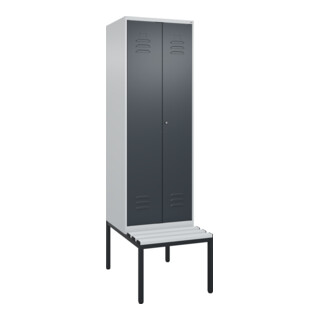 C+P Schwarz-Weiß-Spind Classic PLUS, Bank, 2 Abteile, 2120x600x815mm, 7035/7016, Verschluss Zylinderschloss, Sitzbanktyp untergebaut, Material Sitzfläche Kunststoff