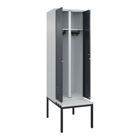 C+P Schwarz-Weiß-Spind Classic PLUS, Bank, 2 Abteile, 2120x600x815mm, 7035/7016, Verschluss Zylinderschloss, Sitzbanktyp untergebaut, Material Sitzfläche Kunststoff